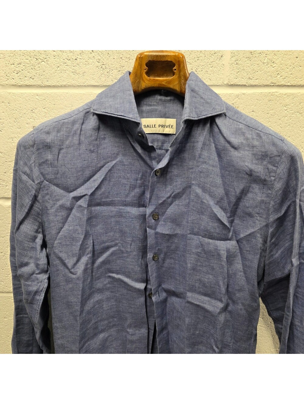 Salle Privee Blue 100% Linen Cutaway Collar Slim Dress Shirt 15.5 / 39 Italy